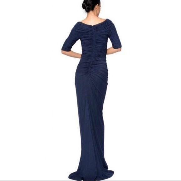 Tadashi Shoji Navy Asymmetrical Ruched Sleeve Gown - Picture 2 of 13